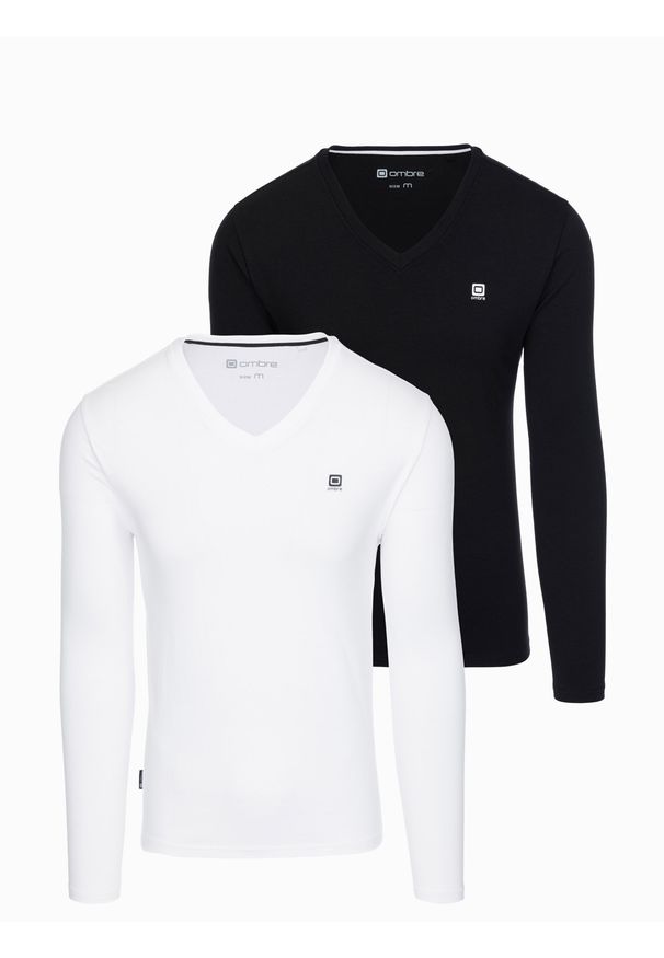 Ombre Clothing - Zestaw męskich longsleeve'ów SLIM FIT z dekoltem typu V i logotypem 2-pak – mix biały/czarny V4. Okazja: na co dzień. Kolor: biały. Materiał: bawełna, materiał, elastan. Długość rękawa: długi rękaw. Wzór: gładki, jednolity. Styl: klasyczny, casual