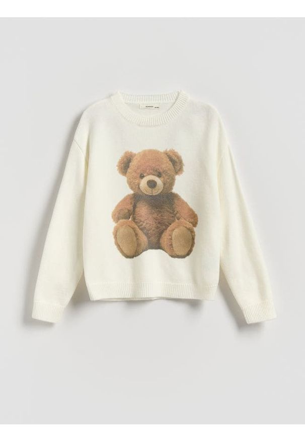 Reserved - Sweter z misiem - złamana biel. Materiał: dzianina