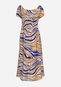 Born2be - Niebieska Rozkloszowana Sukienka z Wiskozą i Bawełną Wykończona Gumką na Plecach Dimillia. Okazja: na co dzień. Kolor: beżowy. Materiał: wiskoza, bawełna. Sezon: lato. Styl: casual, elegancki #3