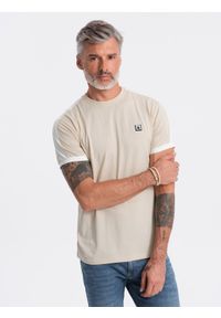 Ombre Clothing - T-shirt męski bawełniany z kontrastującymi wstawkami - kremowy V7 S1632 - XXL. Kolor: kremowy. Materiał: bawełna. Długość rękawa: krótki rękaw. Długość: krótkie. Wzór: aplikacja. Styl: klasyczny #5