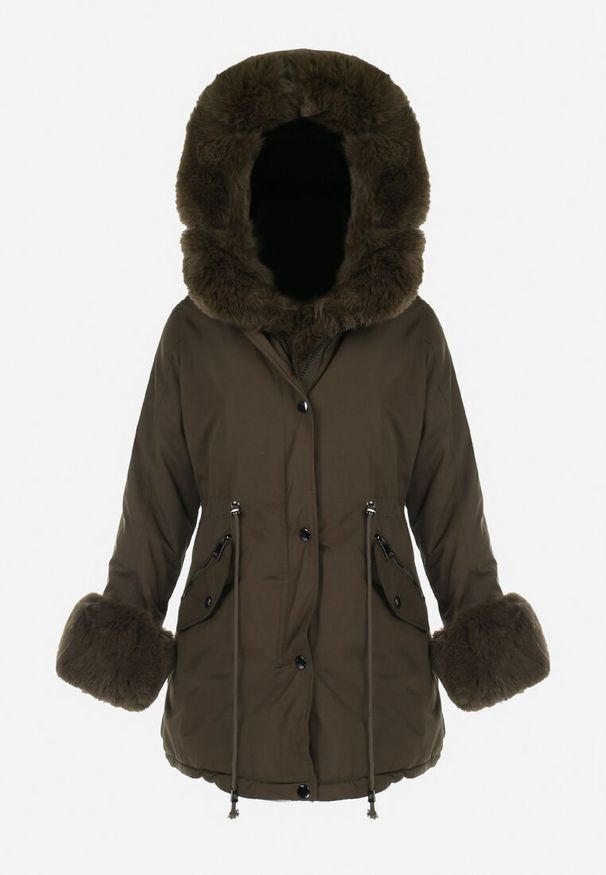 Born2be - Ciemnozielona Kurtka Parka z Kapturem i Wstawkami z Futerka Caranze. Okazja: na co dzień. Typ kołnierza: kaptur. Kolor: zielony. Materiał: futro. Sezon: zima, jesień. Styl: casual