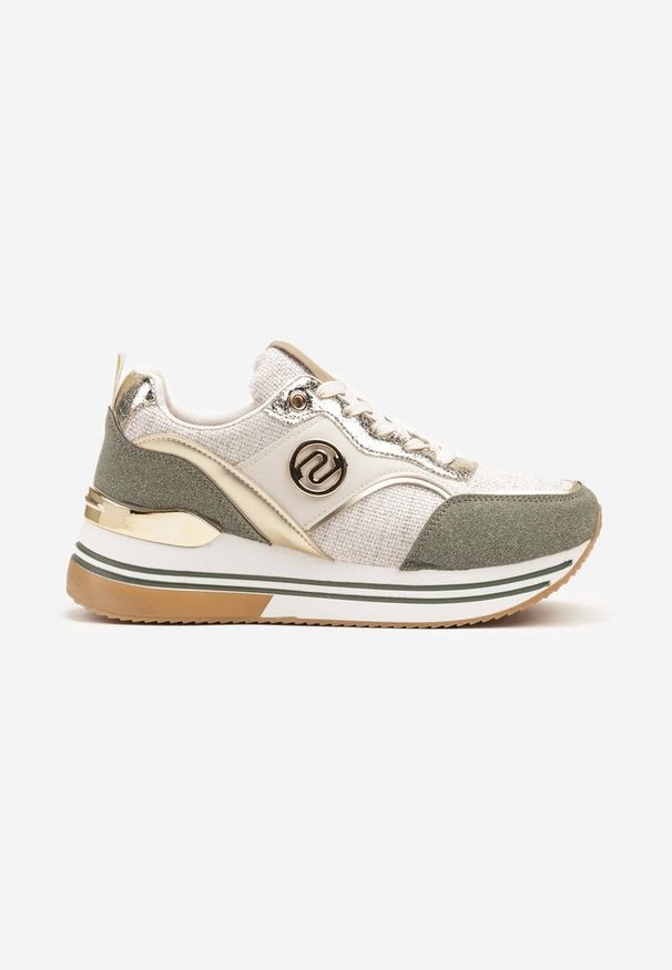 Born2be - Beżowo-Zielone Sneakersy na Grubej Podeszwie z Metalicznymi Wstawkami Gonnith. Okazja: na co dzień, na spacer. Kolor: beżowy. Materiał: jeans. Sezon: wiosna, jesień. Sport: turystyka piesza