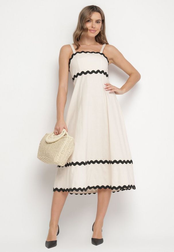 Born2be - Beżowa Sukienka z Bawełną Wiskozą na Ramiączkach z Lamówką Ilanise. Okazja: na co dzień, na spacer. Kolor: beżowy. Materiał: bawełna, wiskoza. Długość rękawa: na ramiączkach. Wzór: aplikacja. Sezon: lato. Typ sukienki: proste. Styl: casual, elegancki