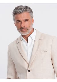 Ombre Clothing - Męska marynarka o kroju REGULAR z lnem - kremowa V1. Okazja: do pracy. Kolor: kremowy. Materiał: len. Wzór: aplikacja. Styl: klasyczny, elegancki #3