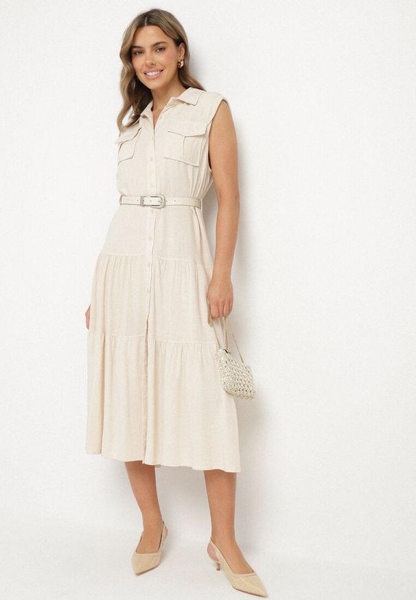 Born2be - Beżowa Koszulowa Sukienka z Wiskozy z Bawełną Ozdobiona Paskiem Rivebia. Okazja: na co dzień. Kolor: beżowy. Materiał: bawełna, wiskoza. Wzór: aplikacja. Typ sukienki: koszulowe. Styl: casual, elegancki