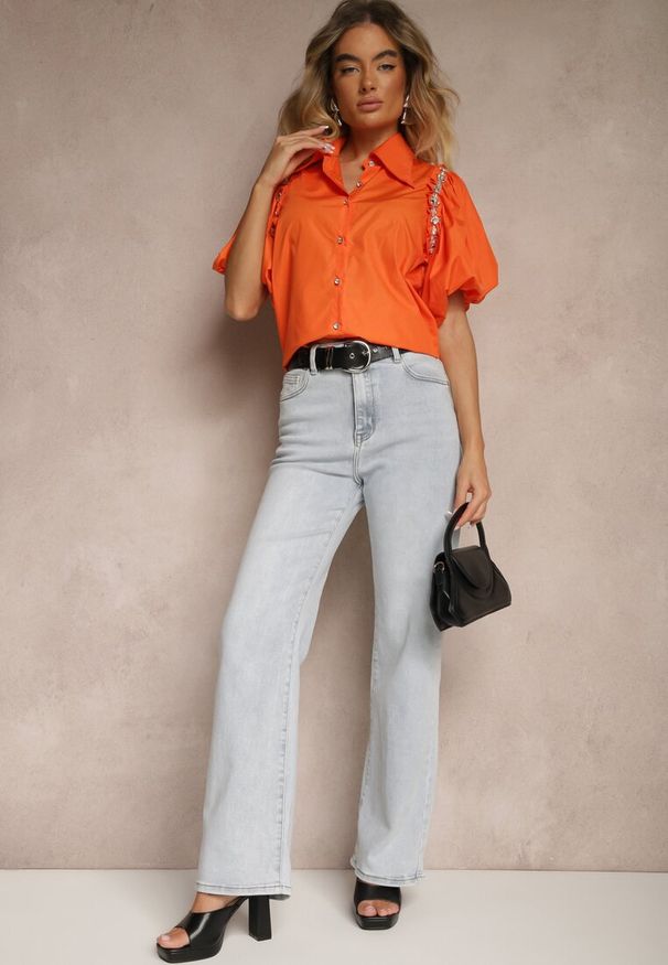 Renee - Pomarańczowa Koszula Klymamene. Typ kołnierza: kolnierz wykładany. Kolor: pomarańczowy. Materiał: jeans, materiał, tkanina. Długość: krótkie. Wzór: jednolity, gładki