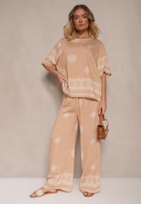 Renee - Beżowy Komplet Oversize z Bluzką i Luźnymi Spodniami w Stylu Boho Ronivara. Kolor: beżowy. Wzór: aplikacja