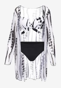 Born2be - Czarno-Białe Bikini z Wiązanym Biustonoszem Figami i Narzutką w Komplecie Karemarie. Kolor: czarny #3