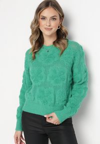 Born2be - Zielony Sweter z Wełną i Bawełną Ozdobiony Pluszowym Splotem Karada. Kolor: zielony. Materiał: bawełna, wełna. Wzór: ze splotem, aplikacja. Sezon: zima #3