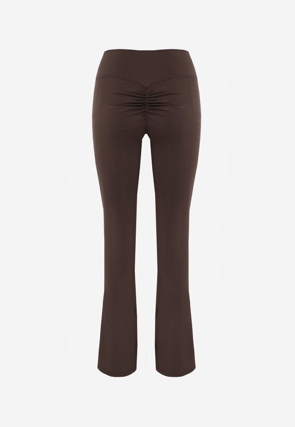 Born2be - Brązowe Legginsy o Kroju Dzwonów z Wysokim Stanem i Modelującym Marszczeniem Pronone. Okazja: na co dzień. Stan: podwyższony. Kolor: brązowy. Materiał: jeans. Długość: krótkie. Styl: casual, elegancki