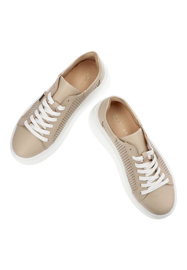 DAMISS - Beżowe Sneakersy Damiss Wygodne Ażurowe Obuwie Damskie. Kolor: beżowy. Materiał: skóra. Wzór: ażurowy