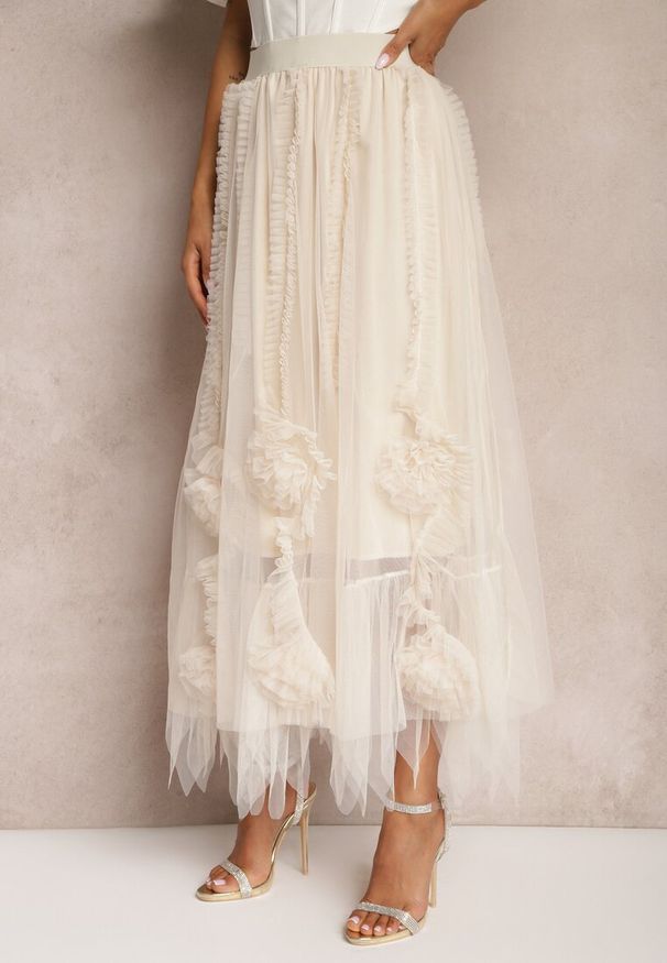Renee - Jasnobeżowa Spódnica High Waist z Gumką w Talii o Siateczkowym Wykończeniu Vikkissa. Stan: podwyższony. Kolor: beżowy. Styl: elegancki