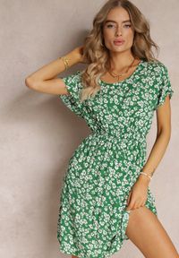 Renee - Zielona Wiskozowa Mini Sukienka w Kwiatowy Print z Gumką w Pasie Frolia. Kolor: zielony. Materiał: wiskoza. Wzór: kwiaty, nadruk. Długość: mini #4