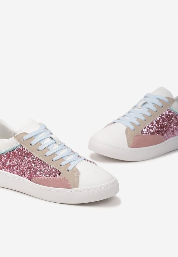 Born2be - Biało-Różowe Kolorowe Sneakersy z Brokatową Wstawką i Sznurowaniem Livora. Kolor: biały. Szerokość cholewki: normalna. Wzór: kolorowy. Obcas: na płaskiej podeszwie
