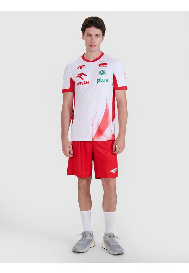 4f - 4F Spodenki meczowe replika męskie 4F x Polska Siatkówka - czerwone S. Kolor: czerwony. Materiał: włókno, dzianina, materiał, syntetyk. Długość: krótkie. Wzór: aplikacja, gładki, ze splotem. Sport: siatkówka