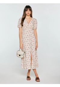 Big-Star - Sukienka damska midi z wiskozy w kwiatowy wzór perłowa Pala 103. Kolor: kremowy. Materiał: wiskoza. Wzór: kwiaty. Styl: elegancki. Długość: midi #1