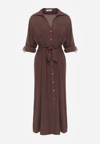 Renee - Brązowa Koszulowa Sukienka z Bawełny z Wiązanym Paskiem i Podpinanymi Rękawami Cesela. Okazja: na co dzień. Kolor: brązowy. Materiał: bawełna. Typ sukienki: koszulowe. Styl: boho, casual #7