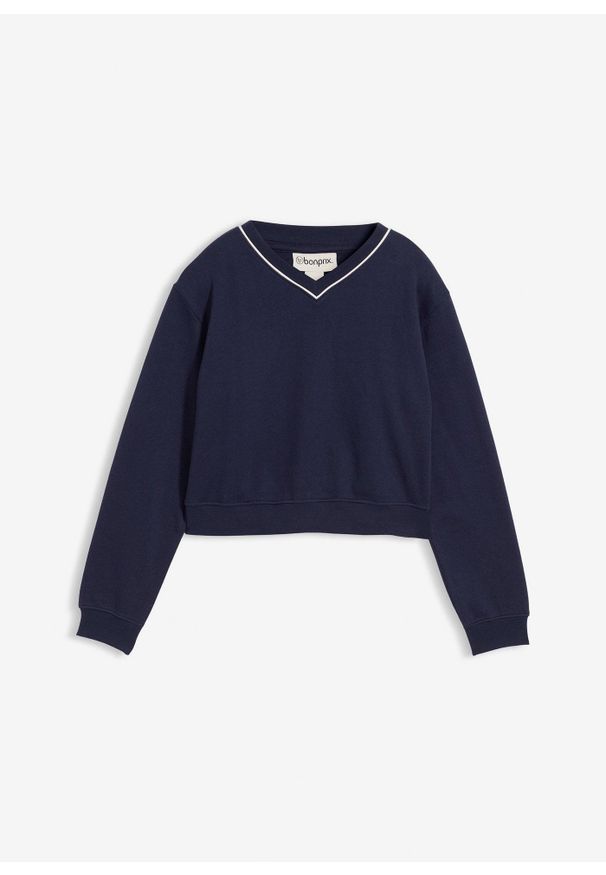 bonprix - Bluza z czystej bawełny organicznej. Typ kołnierza: dekolt w serek. Kolor: niebieski. Materiał: bawełna