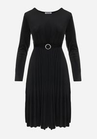 Born2be - Czarna Welurowa Sukienka z Paskiem i Plisowanym Dołem Yazola. Kolor: czarny. Materiał: welur. Styl: elegancki. Długość: midi #6
