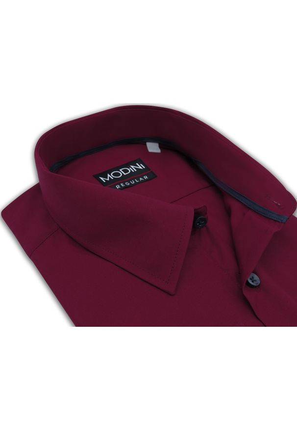 Modini - Bordowa gładka koszula z granatowymi guzikami A52. Kolor: wielokolorowy, czerwony, niebieski. Materiał: bawełna, poliester, tkanina. Długość: długie. Wzór: gładki
