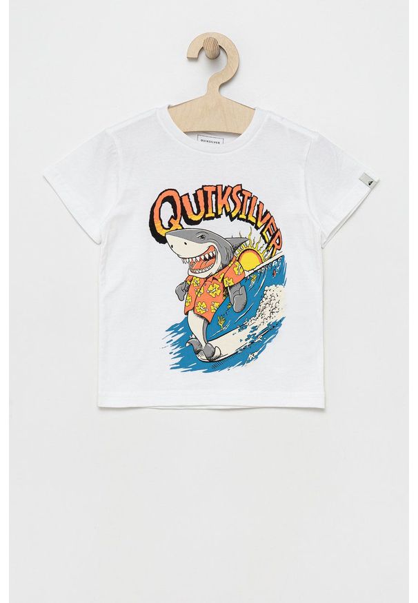 Quiksilver t-shirt bawełniany dziecięcy kolor biały z nadrukiem. Okazja: na co dzień. Kolor: biały. Materiał: bawełna. Wzór: nadruk. Styl: casual