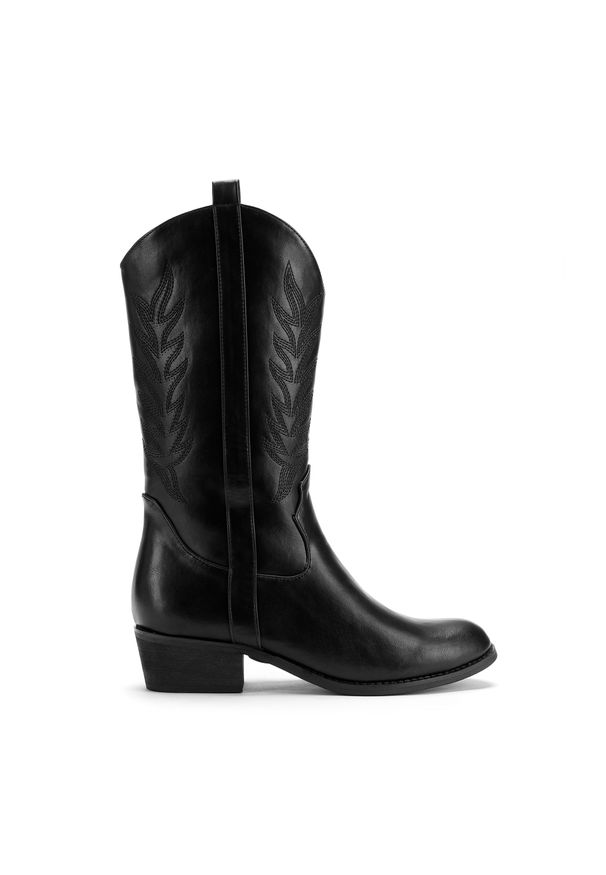 Wittchen - Damskie kowbojki z haftem czarne. Kolor: czarny. Materiał: skóra ekologiczna. Wzór: haft. Obcas: na obcasie. Styl: klasyczny, elegancki. Wysokość obcasa: średni