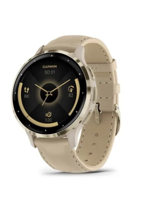 GARMIN - Garmin Venu 3S Bezel ze stali nierdzewnej w kolorze soft gold z kopertą w kolorze french gray i skórzanym paskiem. Materiał: skóra. Styl: sportowy, casual