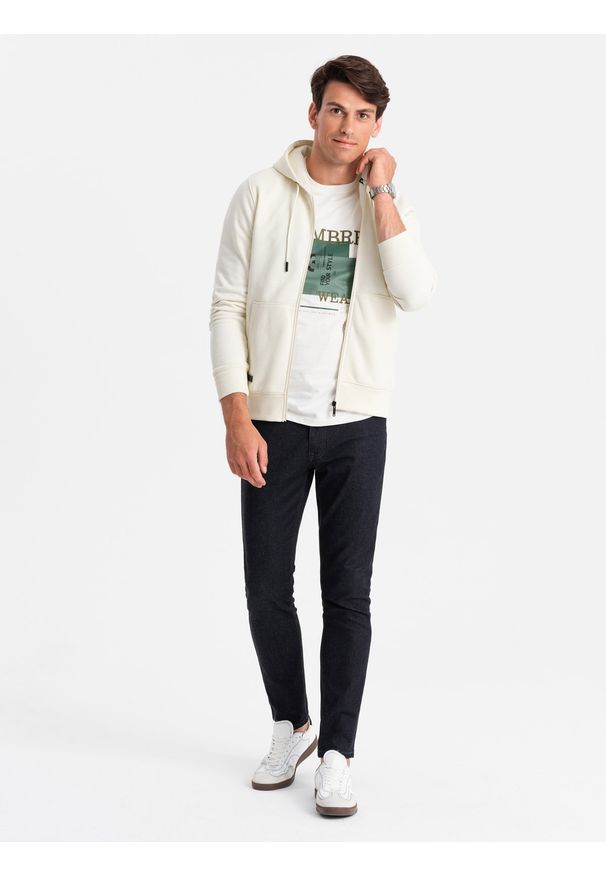 Ombre Clothing - Męska rozpinana bluza dresowa BASIC – kremowa V5. Okazja: na co dzień. Typ kołnierza: kaptur. Kolor: kremowy. Materiał: dresówka. Styl: casual