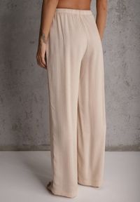 Renee - Beżowe Spodnie Wide Leg High Waist z Wiskozy Terilinae. Okazja: na co dzień. Stan: podwyższony. Kolor: beżowy. Materiał: wiskoza. Wzór: haft. Styl: casual #3