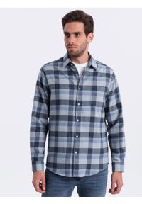 Ombre Clothing - Flanelowa koszula męska w kratę - niebiesko-szara V1. Kolor: szary. Materiał: bawełna. Styl: klasyczny #10