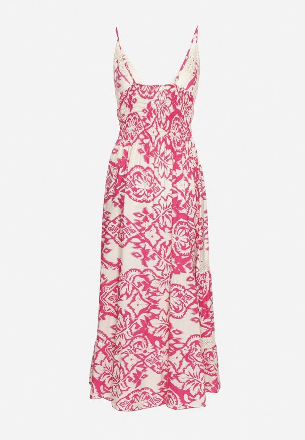 Born2be - Różowa Bawełniana Sukienka Rozkloszowana w Etniczny Wzór z Koronką Taliosha. Okazja: na co dzień. Typ kołnierza: dekolt w kształcie V. Kolor: różowy. Materiał: bawełna, koronka. Długość rękawa: na ramiączkach. Wzór: koronka. Styl: casual, elegancki