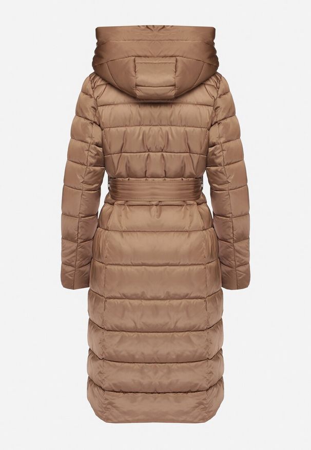 Born2be - Beżowa Pikowana Kurtka z Asymetrycznym Zapięciem i Kapturem Wiązana w Talii Tilita. Okazja: na co dzień. Kolor: beżowy. Materiał: jeans. Styl: elegancki, klasyczny, casual