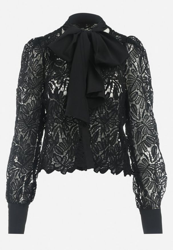 Born2be - Czarna Koronkowa Koszula z Ozdobnym Wiązaniem przy Dekolcie Cleomina. Kolor: czarny. Materiał: koronka