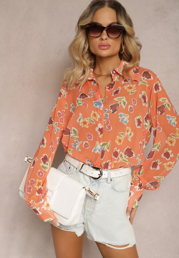 Renee - Pomarańczowa Koszula Lekko Transparentna w Kwiecisty Print Gremelia. Typ kołnierza: kołnierzyk klasyczny. Kolor: pomarańczowy. Materiał: jeans, materiał. Długość rękawa: długi rękaw. Długość: długie. Wzór: nadruk. Styl: elegancki, klasyczny