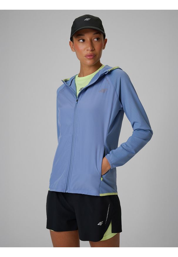 4f - 4F Bluza do biegania regular z kapturem damska - niebieska L. Typ kołnierza: kaptur. Kolor: niebieski. Długość: długie
