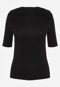 Born2be - Czarna Bluzka z Cyrkoniami i Dekoltem w Łódkę Saloriel. Okazja: na co dzień. Kolor: czarny. Materiał: jeans, skóra, poliester. Wzór: aplikacja. Styl: casual, wizytowy #8