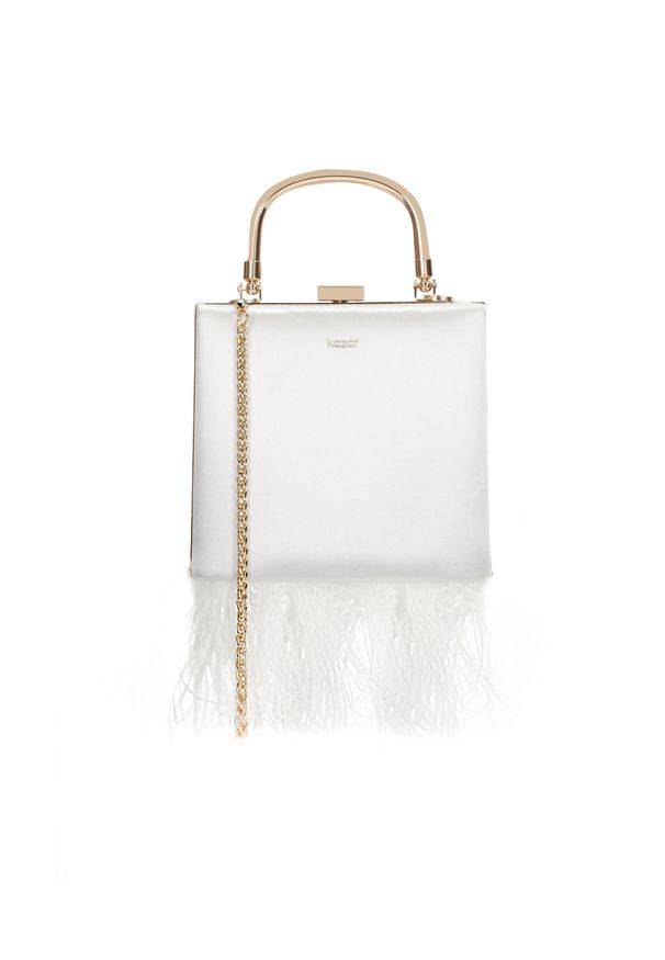 Kazar - Biała torebka puzderko z piórami. Kolor: biały. Wzór: aplikacja. Materiał: zdobione. Styl: elegancki, wizytowy. Rodzaj torebki: na ramię