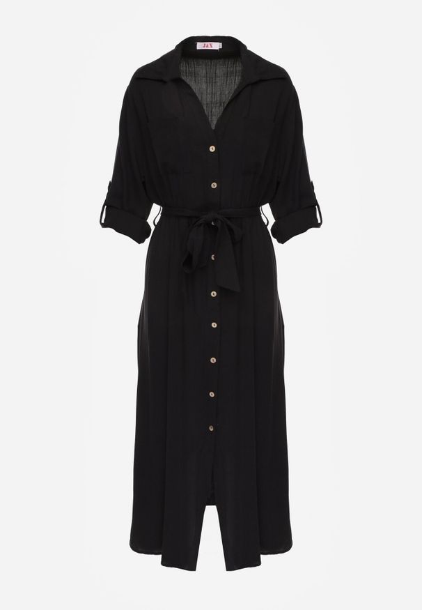 Born2be - Czarna Bawełniana Sukienka Koszulowa z Paskiem i Regulowanymi Rękawami Sadevia. Okazja: na co dzień, do pracy, na spotkanie biznesowe, na spacer. Kolor: czarny. Materiał: bawełna. Typ sukienki: koszulowe. Styl: klasyczny, casual, biznesowy, elegancki. Długość: midi