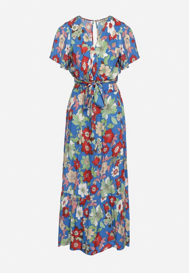 Born2be - Niebieski Komplet Wiskozowy w Kwiatowy Wzór Bluzka Kopertowa i Spódnica z Gumką w Talii Hoffia. Kolor: niebieski. Materiał: wiskoza. Wzór: kwiaty