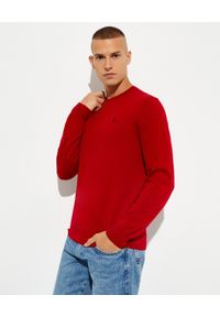 Ralph Lauren - RALPH LAUREN - Czerwony sweter z haftowanym logo. Typ kołnierza: polo. Kolor: czerwony. Materiał: wełna. Długość rękawa: długi rękaw. Długość: długie. Wzór: haft. Styl: klasyczny