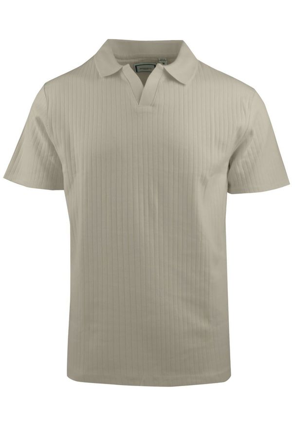 Dzianinowa Koszulka Polo - Dekolt Bez Guzików - Brave Soul - Beżowa. Okazja: na co dzień. Typ kołnierza: polo. Kolor: beżowy, wielokolorowy, brązowy. Materiał: elastan, bawełna. Styl: casual