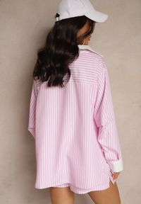 Renee - Różowa Koszula Ozdobiona Kieszonką i Paskami Zarindia. Okazja: na co dzień. Kolor: różowy. Materiał: jeans. Wzór: aplikacja. Styl: klasyczny, casual