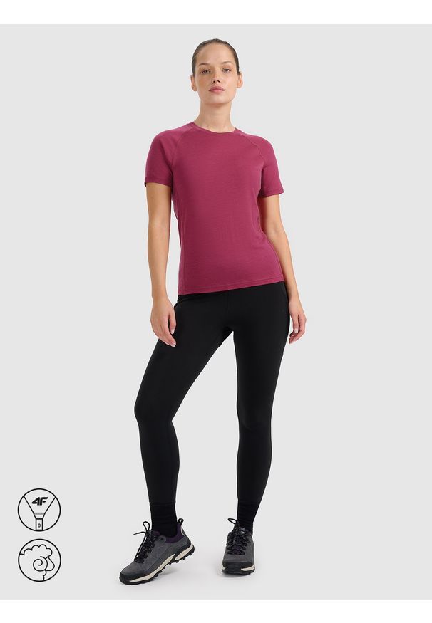 4f - 4F Koszulka trekkingowa z wełną merino damska - różowa L. Kolor: różowy. Materiał: wełna