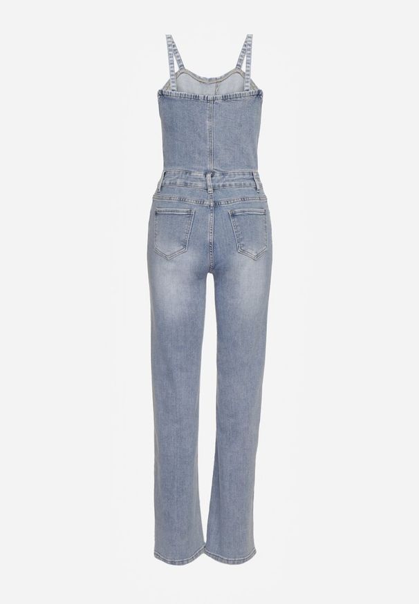 Renee - Niebieski Bawełniany Kombinezon Jeansowy z Prostymi Nogawkami na Ramiączkach Naslwen. Kolor: niebieski. Materiał: bawełna, jeans. Długość rękawa: na ramiączkach