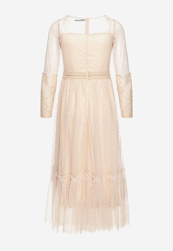 Born2be - Ciemnobeżowa Sukienka Maxi o Rozkloszowanym Fasonie z Ozdobną Koronką i Tiulem Steilla. Kolor: beżowy. Materiał: tiul, koronka. Wzór: koronka. Długość: maxi