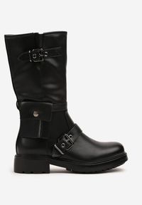 Renee - Czarne Botki Biker Boots Zdobione Klamerkami i Kieszonką Nalinnea. Okazja: na imprezę, na co dzień. Kolor: czarny. Materiał: jeans, skóra. Wzór: aplikacja. Styl: elegancki, casual, rockowy #3