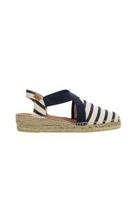 Sandały Toni Pons Vinaros Cru Mari Ecru Navy 204016, Granatowy, Materiał - 39. Nosek buta: okrągły. Zapięcie: pasek. Kolor: niebieski. Materiał: tkanina. Wzór: paski. Sezon: lato. Styl: wakacyjny #1