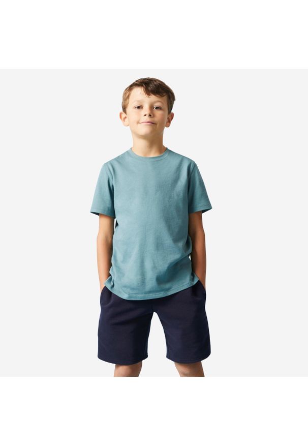 DOMYOS - Koszulka z krótkim rękawem dziecięca Domyos. Kolor: zielony. Materiał: materiał, bawełna, tkanina, prążkowany. Długość rękawa: krótki rękaw. Długość: krótkie