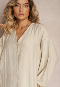 Renee - Beżowa Sukienka w Stylu Koszulowym z Bufiastymi Rękawami i Wiskozą Denisea. Typ kołnierza: dekolt w serek. Kolor: beżowy. Materiał: wiskoza. Typ sukienki: koszulowe. Styl: klasyczny, elegancki