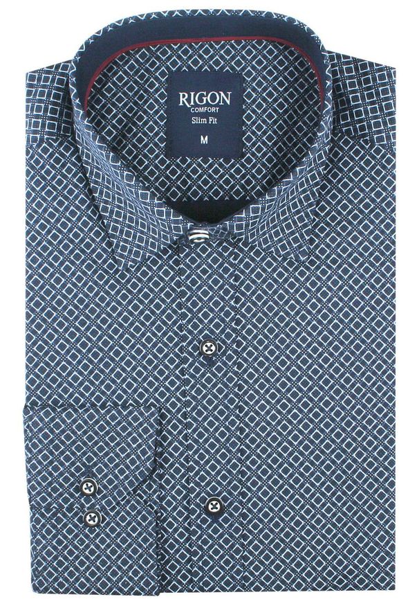 Męska Koszula, Taliowana (Slim Fit) - Rigon - Granat, Wzór. Okazja: do pracy, na spotkanie biznesowe. Kolor: niebieski. Materiał: bawełna, poliester, elastan. Długość rękawa: długi rękaw. Długość: długie. Styl: wizytowy, elegancki, biznesowy